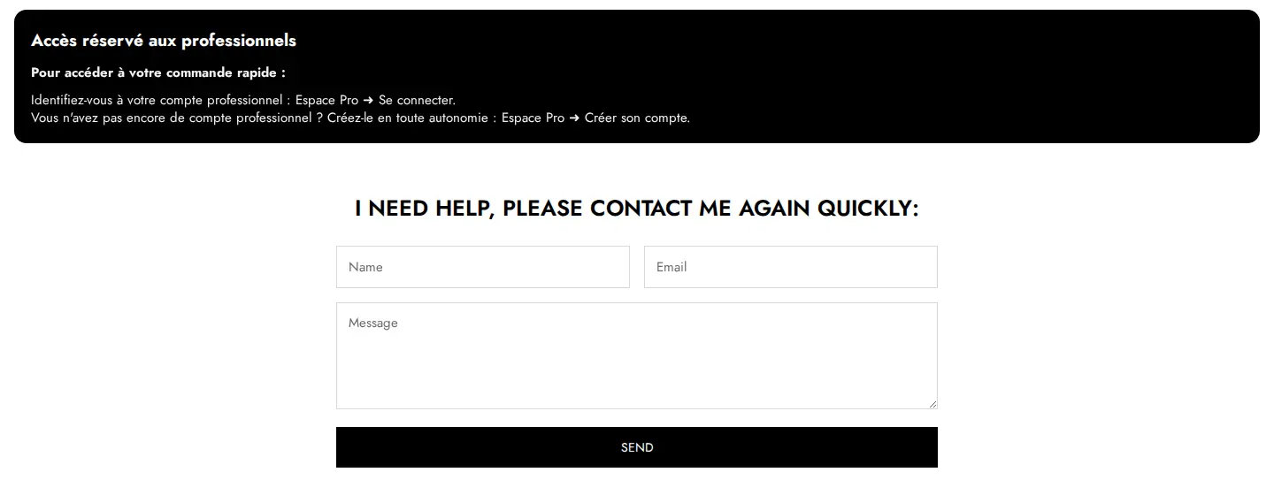 K-EYES quick order page showing an Access reserved for professionals message with sign-in instructions in French and a contact form below
