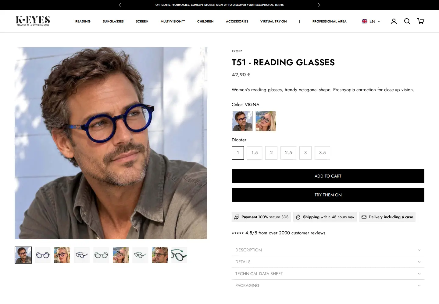K-EYES reading glasses product page with a retail price in euros, colour and diopter options, Add to cart and Try them on buttons