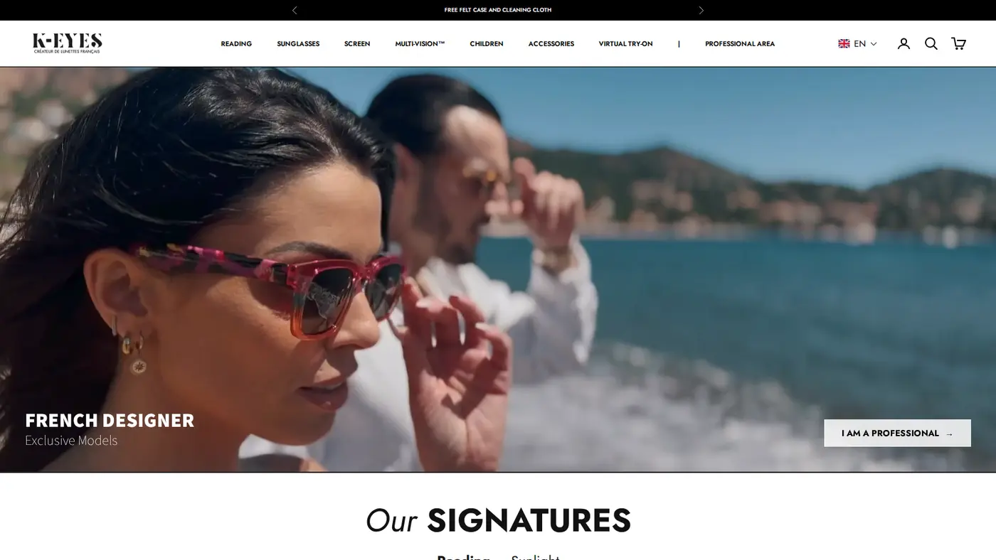 K-EYES homepage with navigation for reading, sunglasses, screen, Multi-Vision, children, accessories, virtual try-on and a Professional Area link