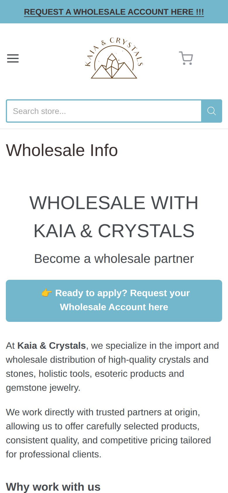 Kaia & Crystals Wholesale Info page on a phone