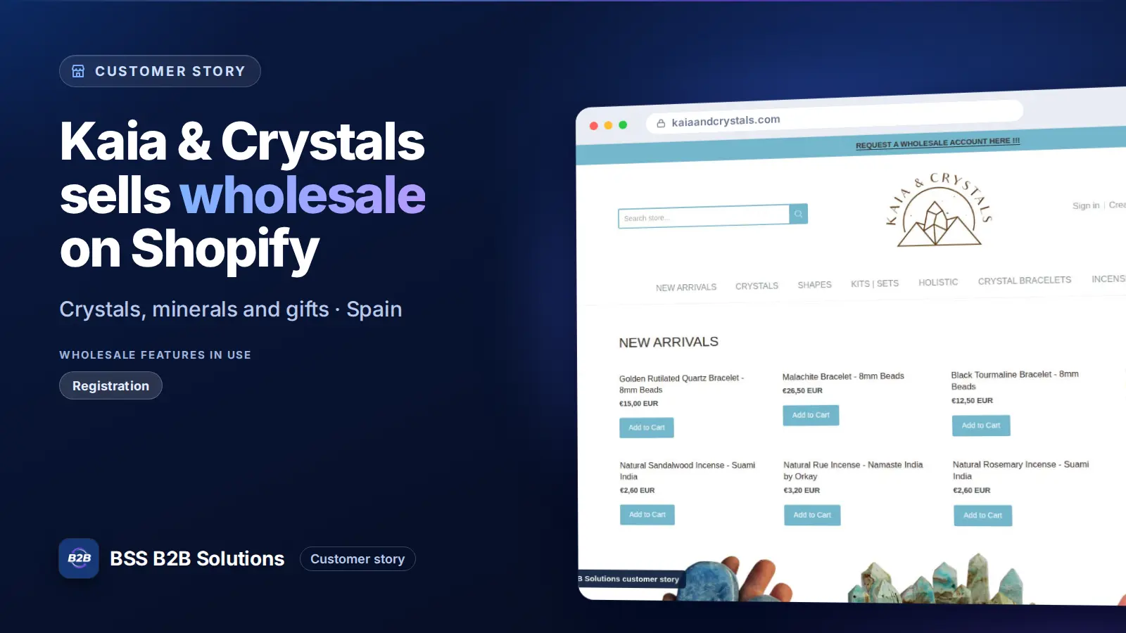 Browser window showing the merchant storefront, Kaia & Crystals sells wholesale on Shopify. Cover for: Kaia & Crystals: How a Barcelona Crystal Importer Runs Wholesale on Shopify