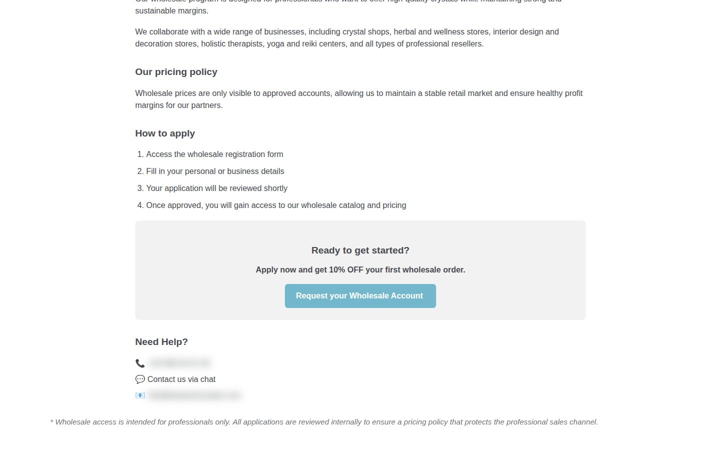 Kaia & Crystals wholesale page showing the pricing policy, four application steps and a 10% first order offer