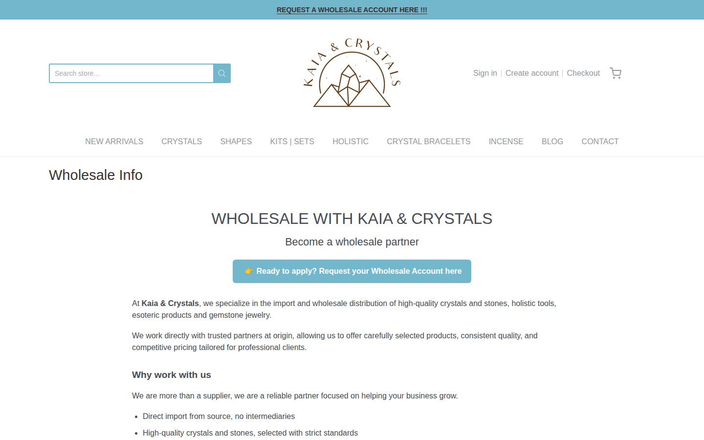 Kaia & Crystals Wholesale Info page headline with a button to request a wholesale account