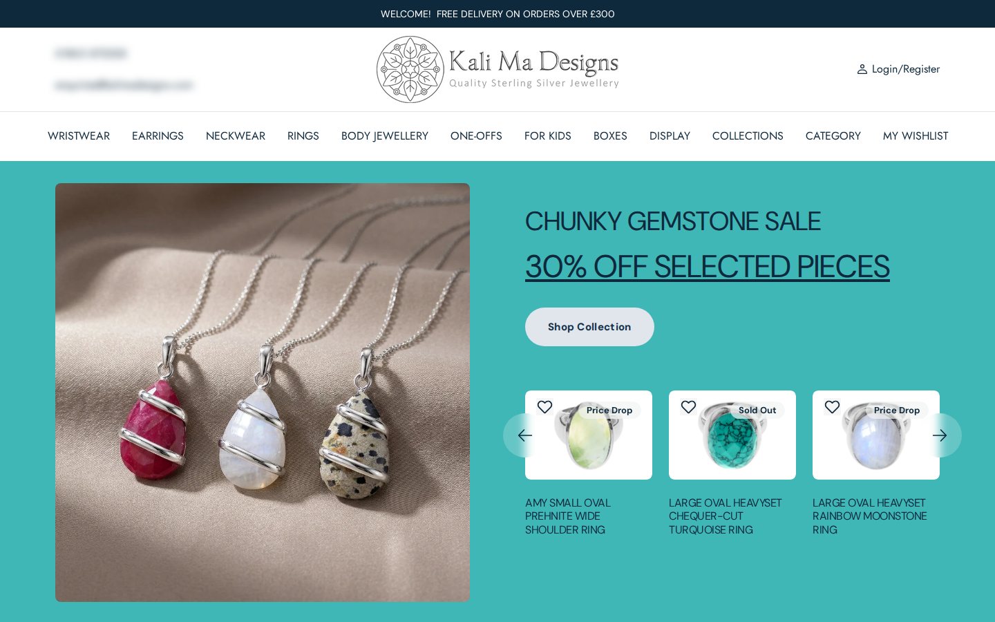 Kali Ma Designs home page with a sterling silver jewellery banner and a Login or Register link