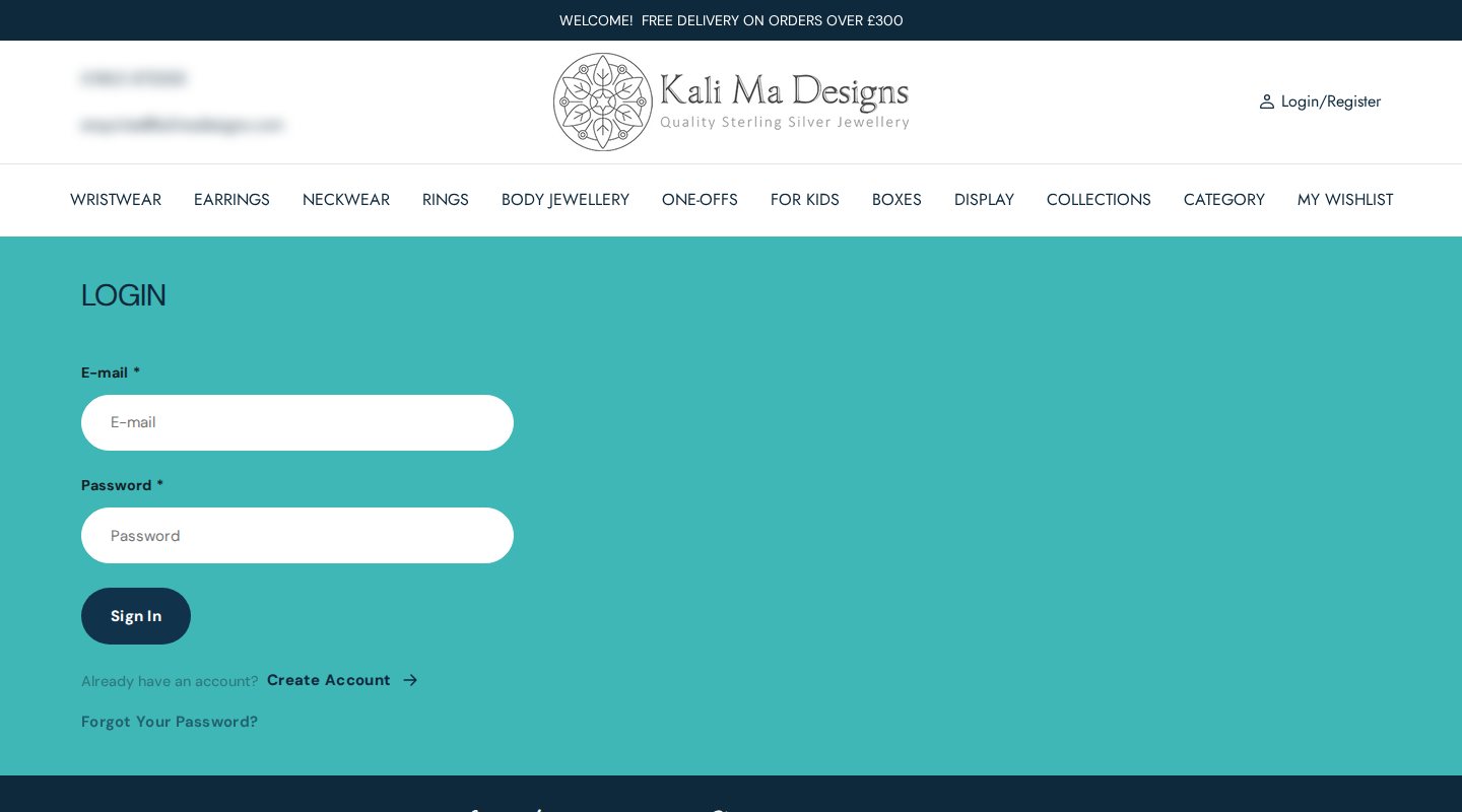 Kali Ma Designs account login page shown instead of a collection page