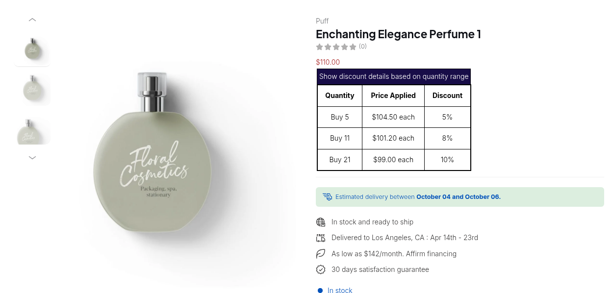 Example product page with a volume pricing table showing quantity, price applied and discount