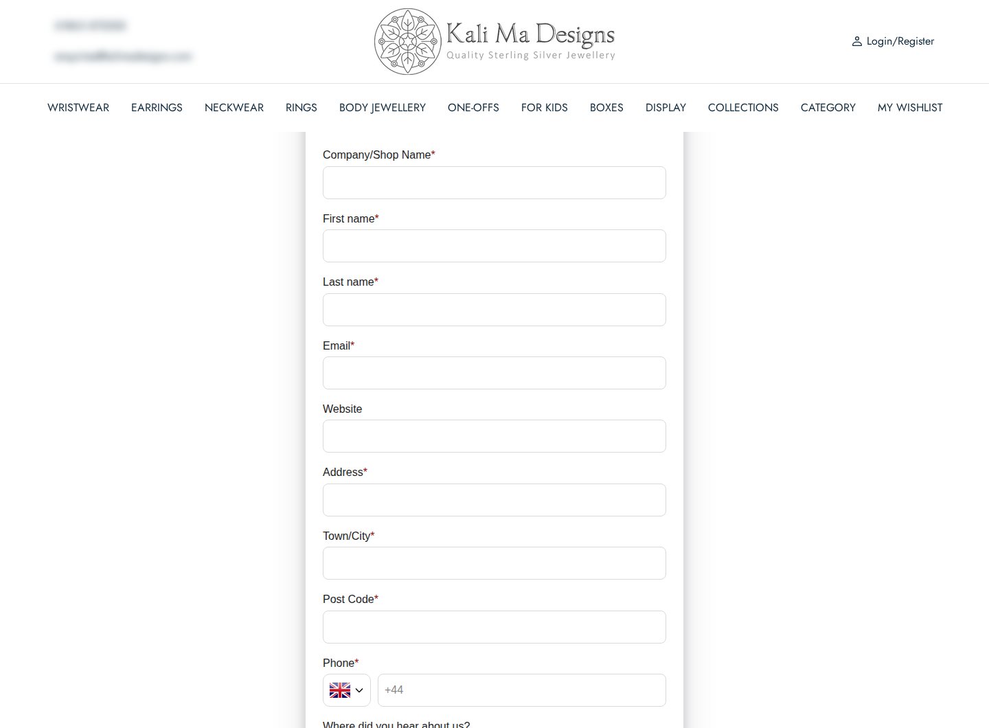 Kali Ma Designs Trade Registration form fields for company, name, email, website, address and phone