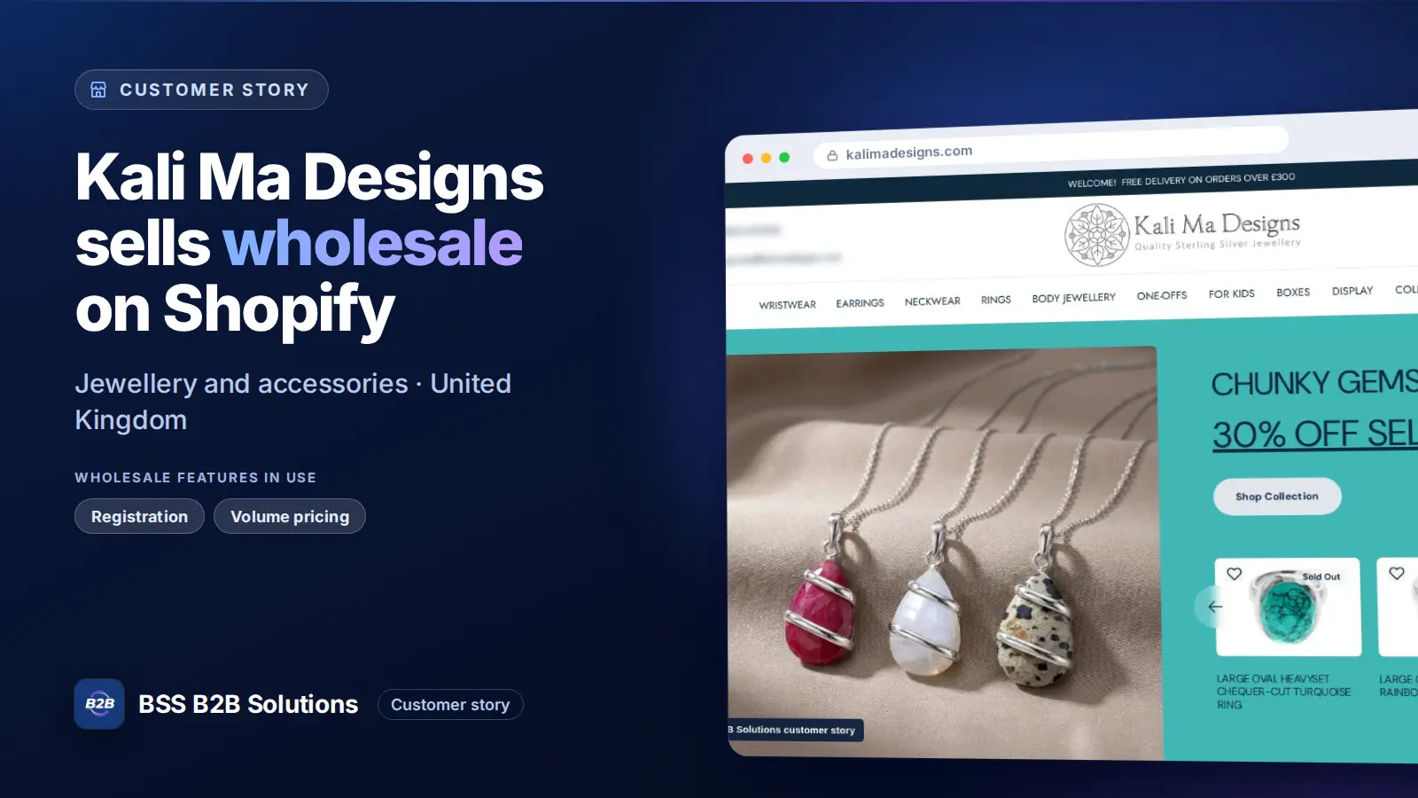 Browser window showing the merchant storefront, Kali Ma Designs sells wholesale on Shopify. Cover for: Kali Ma Designs: How a UK Silver Jewellery Brand Sells Trade on Shopify