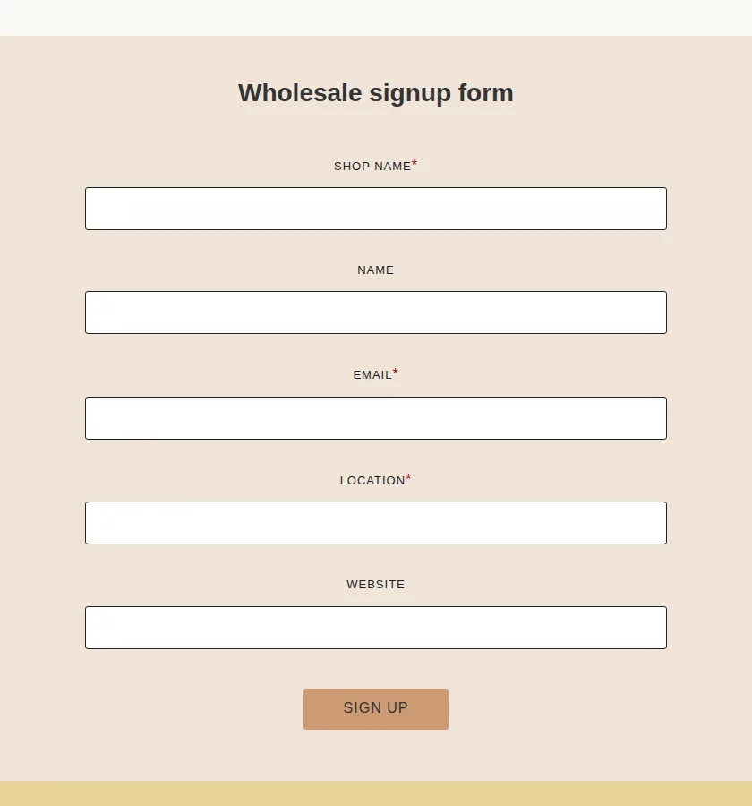 heyimsakina wholesale landing page with the stockist signup form