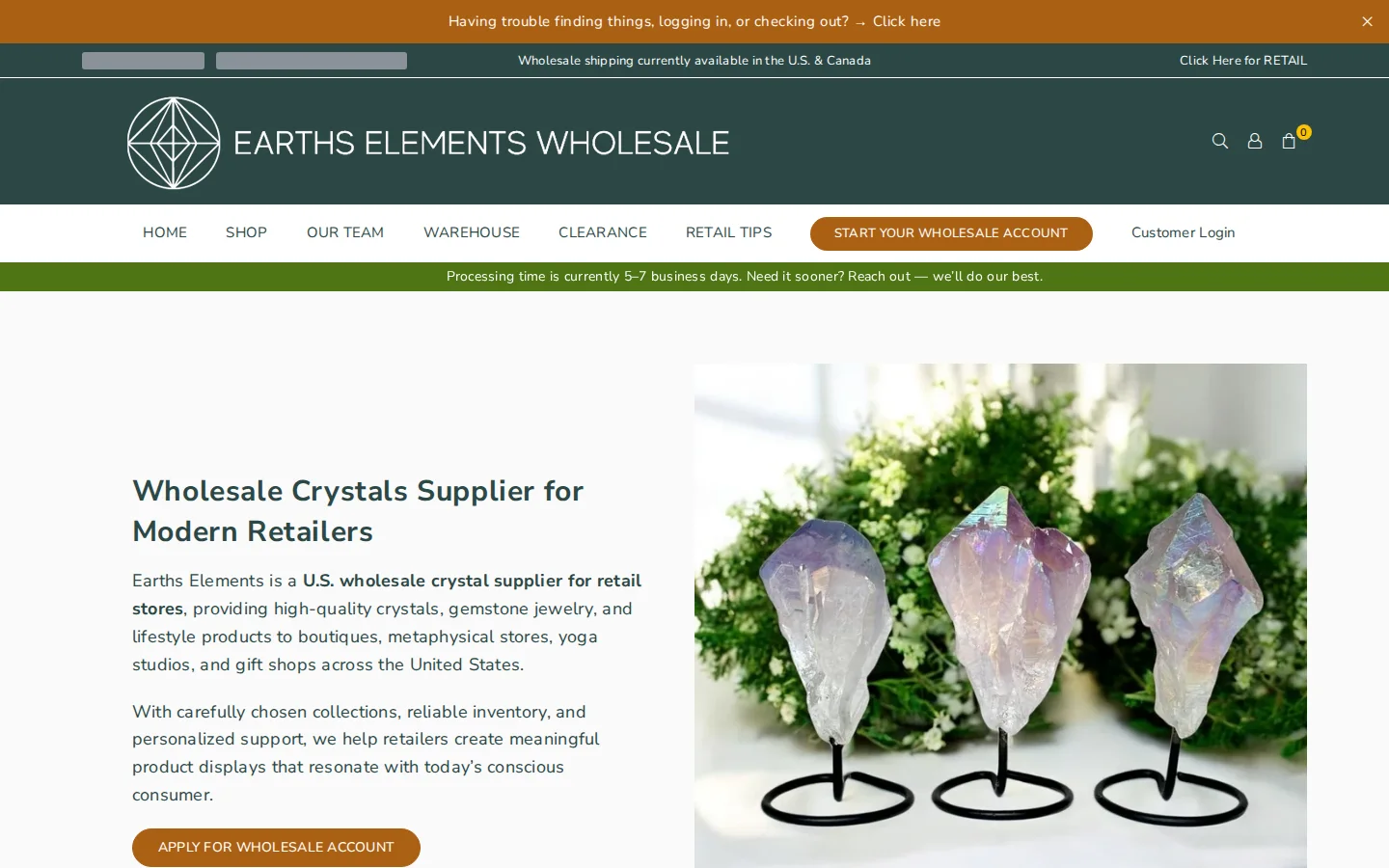 Landing page titled Wholesale Crystals Supplier for Modern Retailers with a photo of crystals on stands