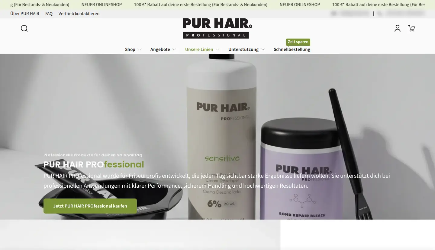 PUR HAIR Professional landing page with a hero image of professional salon products, German text