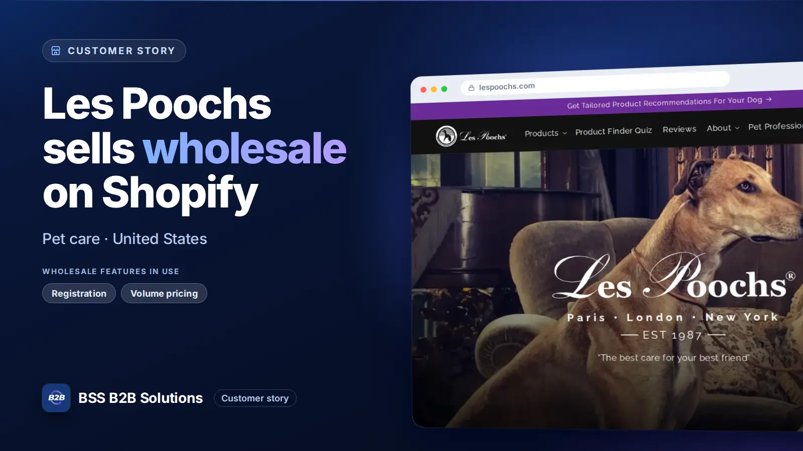 Browser window showing the merchant storefront, Les Poochs sells wholesale on Shopify. Cover for: Les Poochs: How a US Dog-Grooming Brand Sells Wholesale on Shopify
