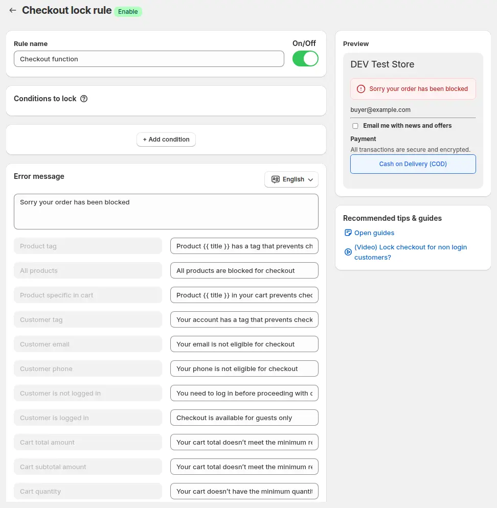 BSS B2B Lock Checkout lock rule editor with the rule name, an On/Off switch, an empty Conditions to lock section, a default error message and a live checkout preview showing the blocked message