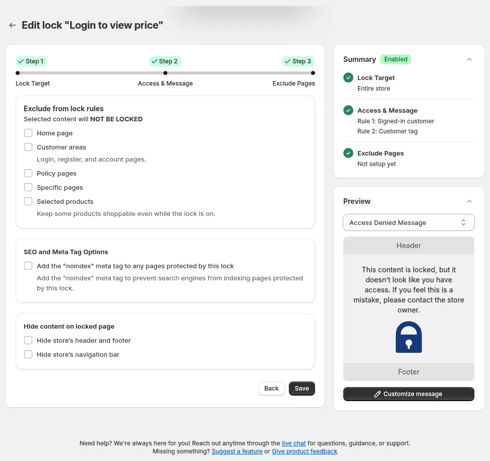 BSS B2B Lock rule editor, Step 3 Exclude Pages, for an Entire store lock with exclusions, noindex and hide-content options