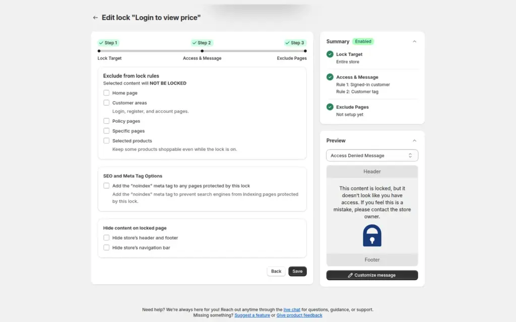 BSS B2B Lock rule editor, Step 3 Exclude Pages, for an Entire store lock with exclusions, noindex and hide-content options
