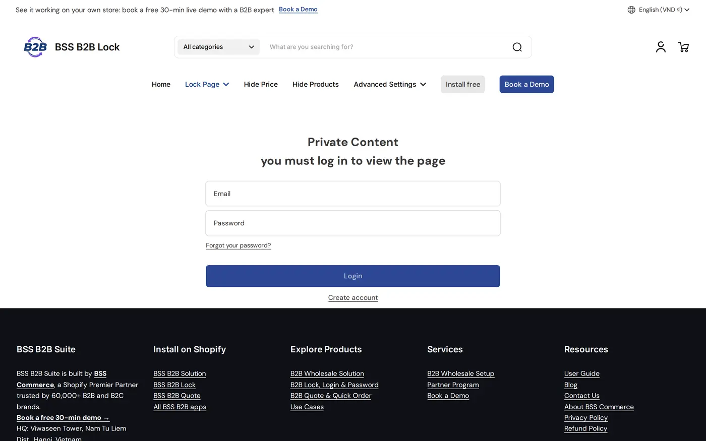 Lock login page on the BSS B2B Lock demo storefront, shown with the store header and a login form for visitors who are not signed in