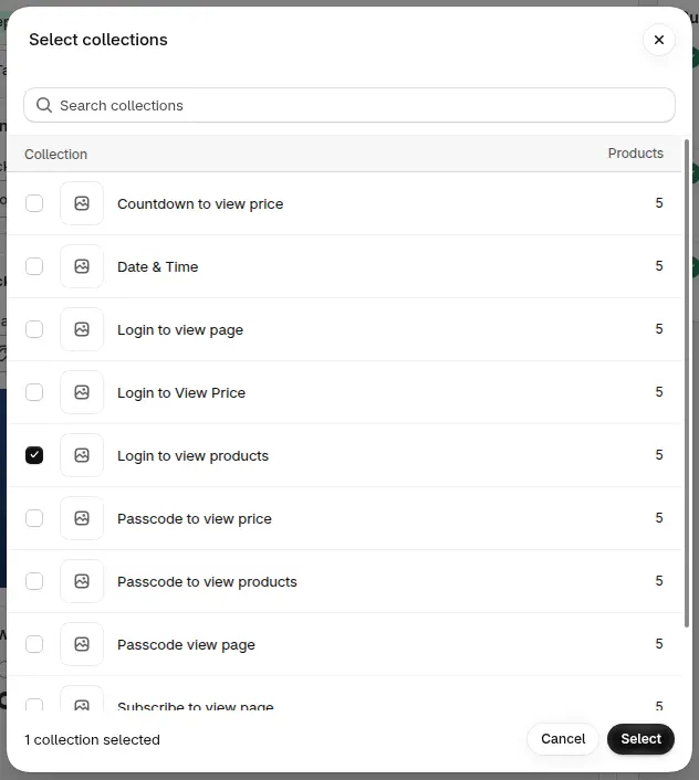 BSS B2B Lock Select collections picker with one collection ticked and Cancel and Select buttons