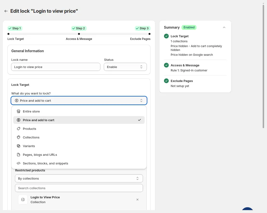 BSS B2B Lock Step 1 Lock Target with the What do you want to lock dropdown open, listing Entire store, Price and add to cart, Products, Collections, Variants, Pages blogs and URLs, and Sections blocks and snippets