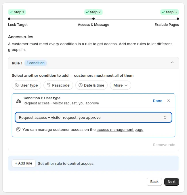 BSS B2B Lock Access and Message step with the User type dropdown open and the option Request access, visitor request, you approve selected
