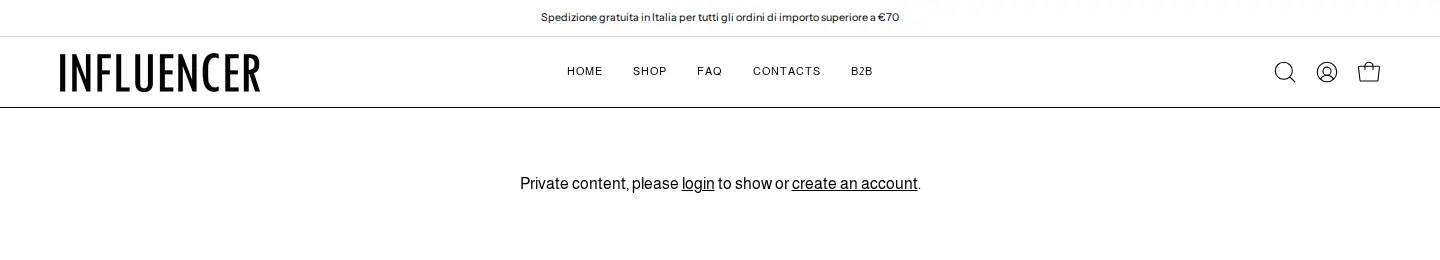 INFLUENCER product page for guests showing Private content, please login to show or create an account