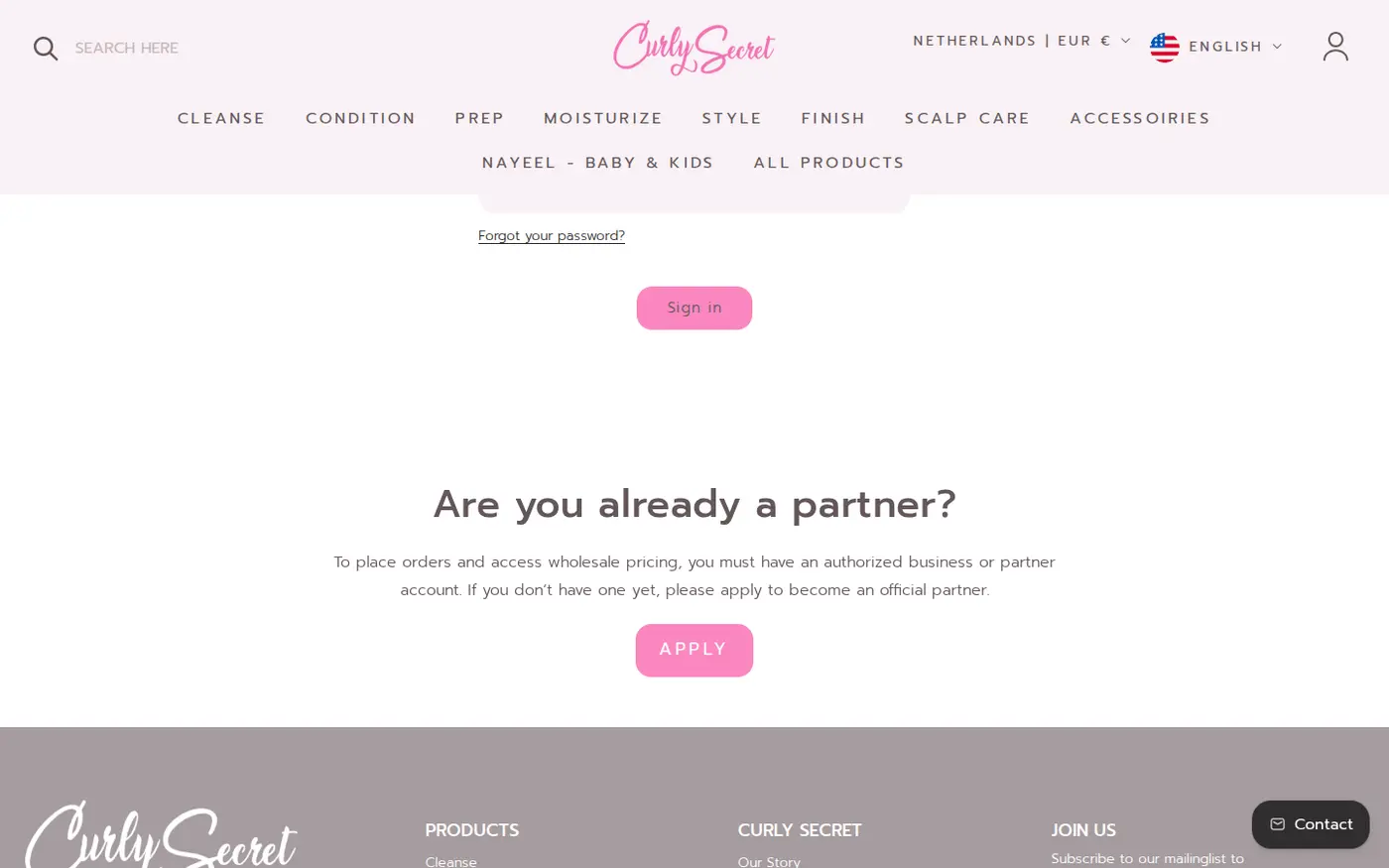 Curly Secret Pro login page with a message that placing orders and seeing wholesale pricing needs an authorized business or partner account