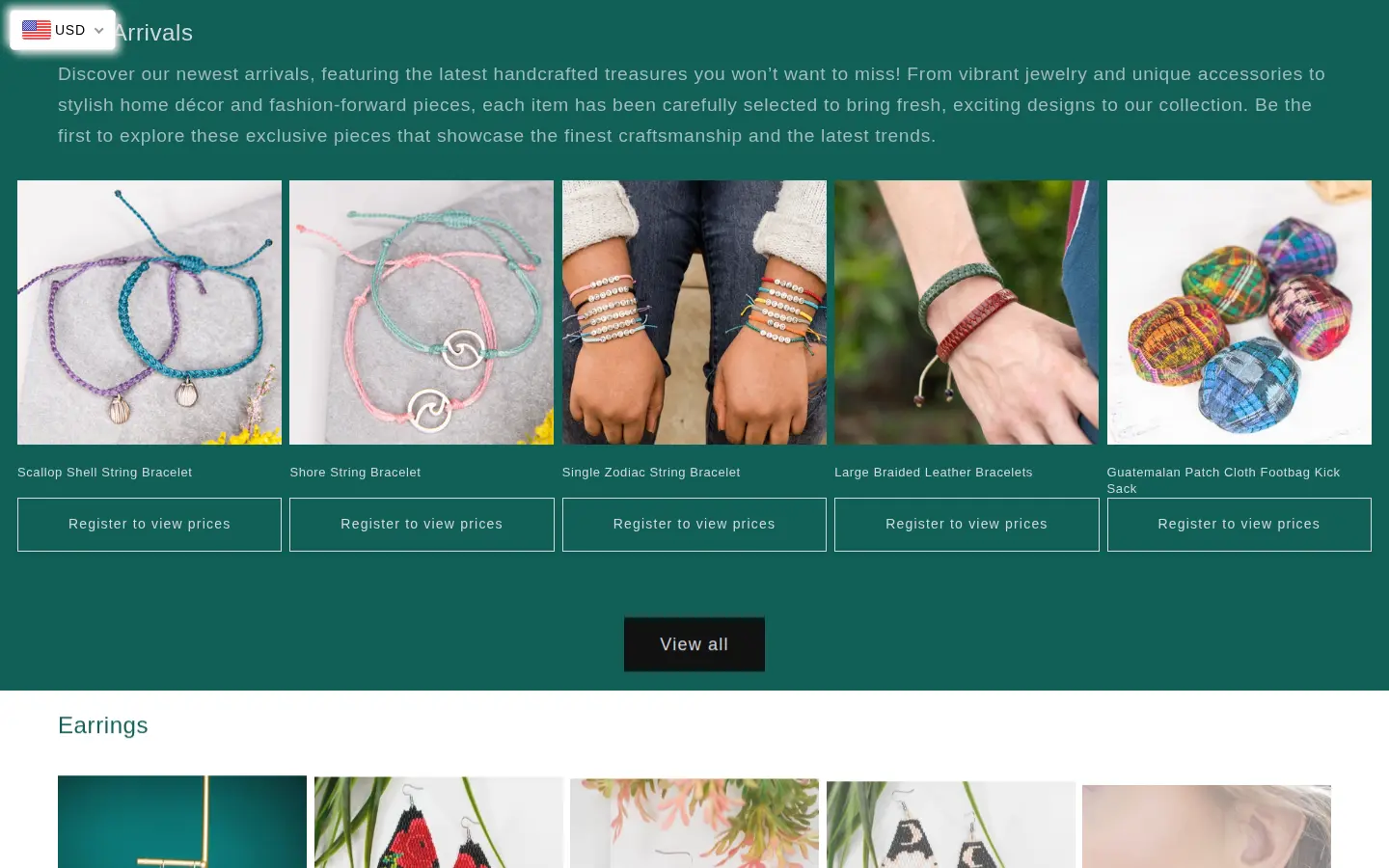 Lucia's Imports new arrivals row with five bracelet and bag cards, each with a Register to view prices button