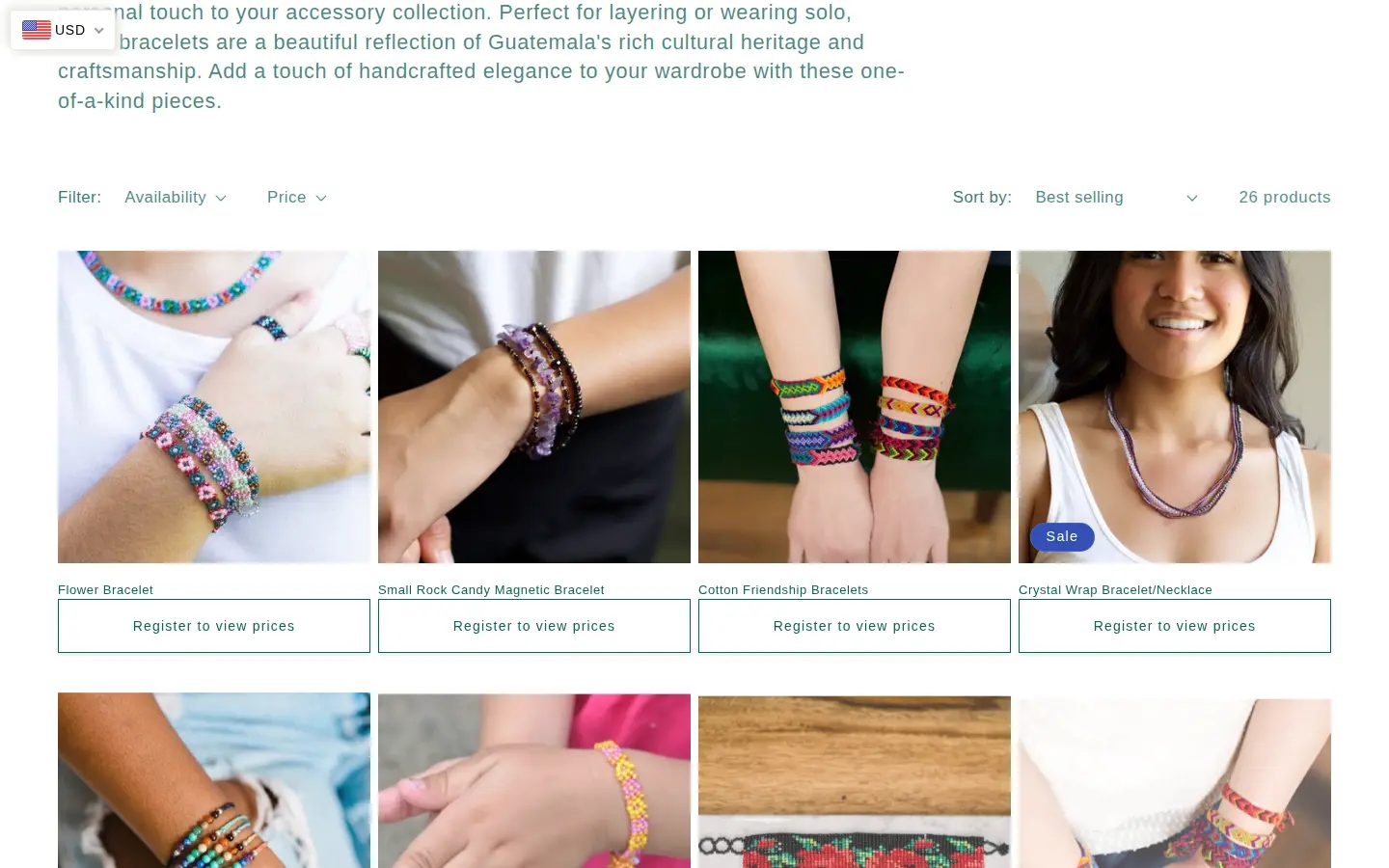 Lucia's Imports bracelets collection with product images and a Register to view prices button under each product name