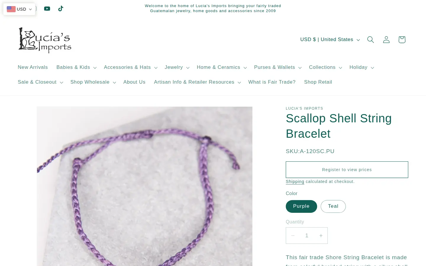 Lucia's Imports Scallop Shell String Bracelet product page with a Register to view prices button above colour options and quantity