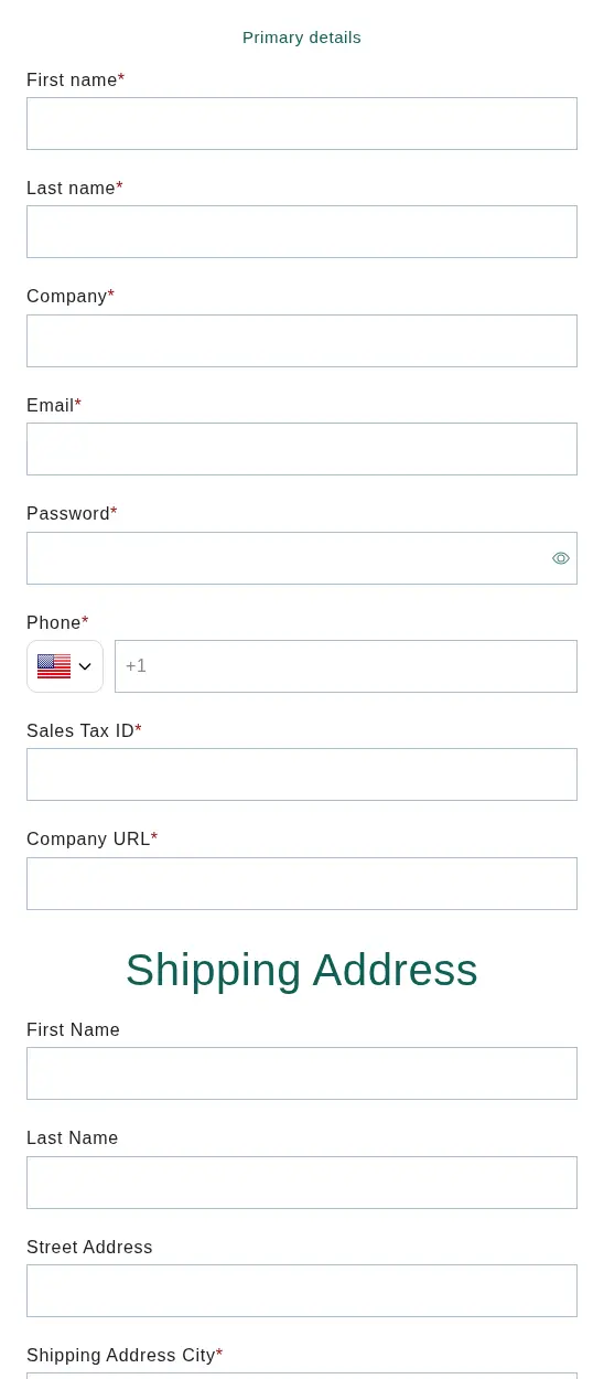 Lucia's Imports wholesale registration form with name, company, email, password, phone, Sales Tax ID, company URL and shipping address fields