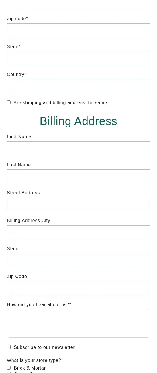 Lucia's Imports registration form lower section with shipping and billing address, how did you hear about us and a store type question