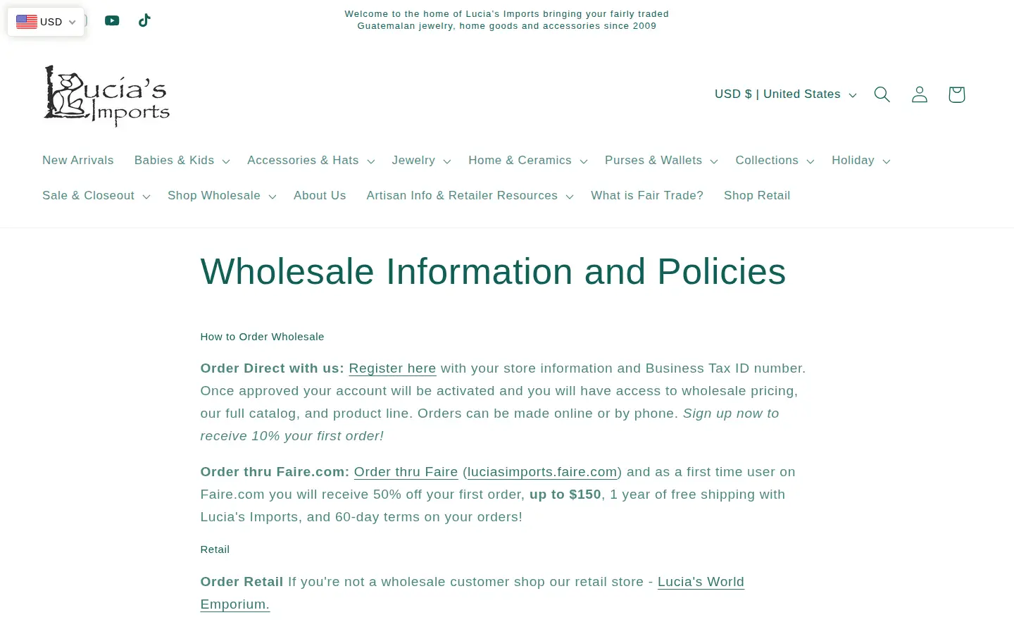 Lucia's Imports Wholesale Information and Policies page explaining how to order direct or through a marketplace