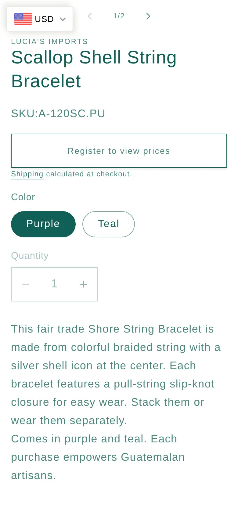 Lucia's Imports product page on a phone with the Register to view prices button under the product title