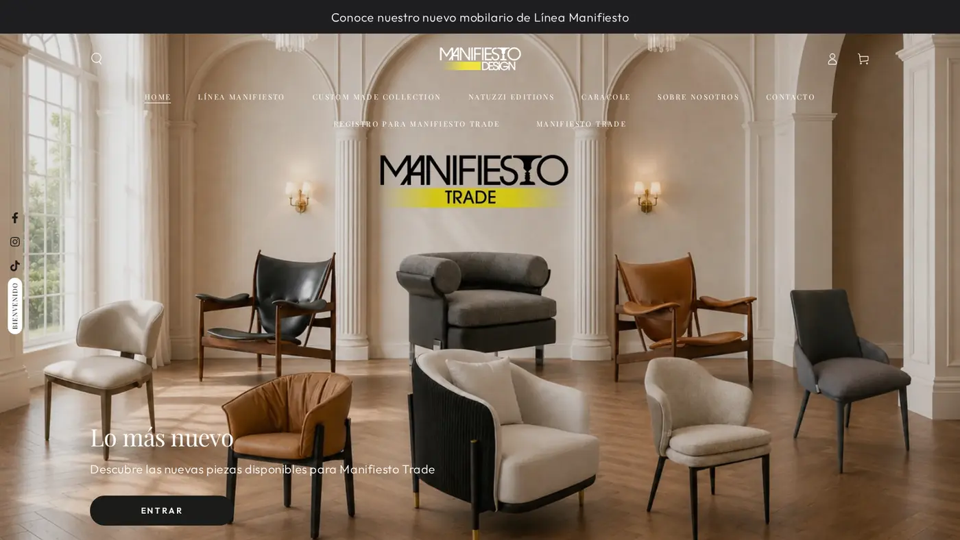 Manifiesto Design Center homepage hero with the Manifiesto Trade logo and the line Descubre las nuevas piezas disponibles para Manifiesto Trade