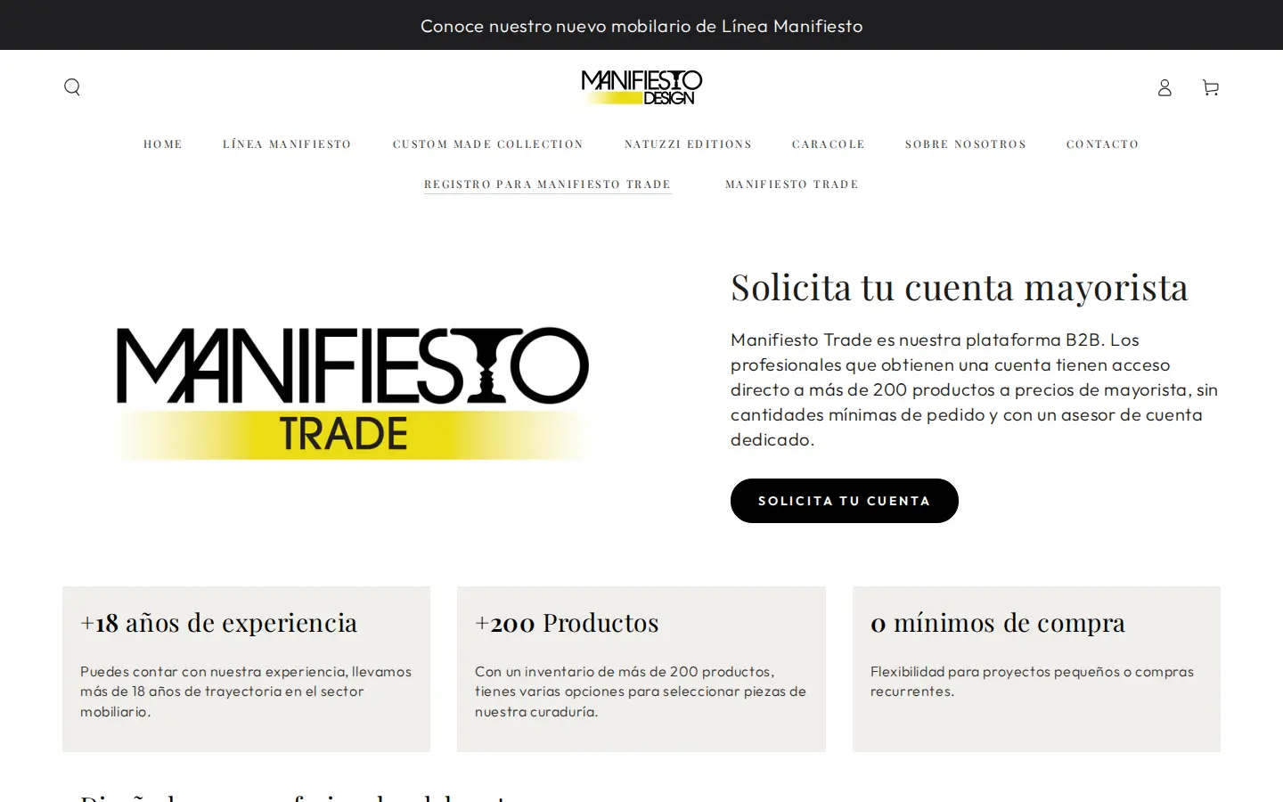 Manifiesto Trade landing page titled Solicita tu cuenta mayorista with 18 years of experience, 200 products and zero minimum orders