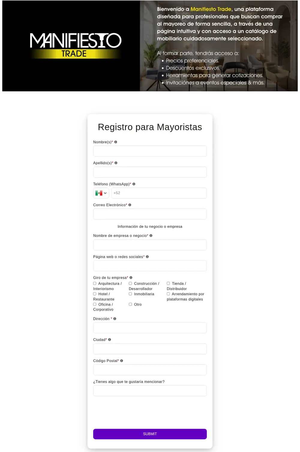 Registro para Mayoristas form with contact details, business information, business type checkboxes and address, under a Manifiesto Trade benefits banner