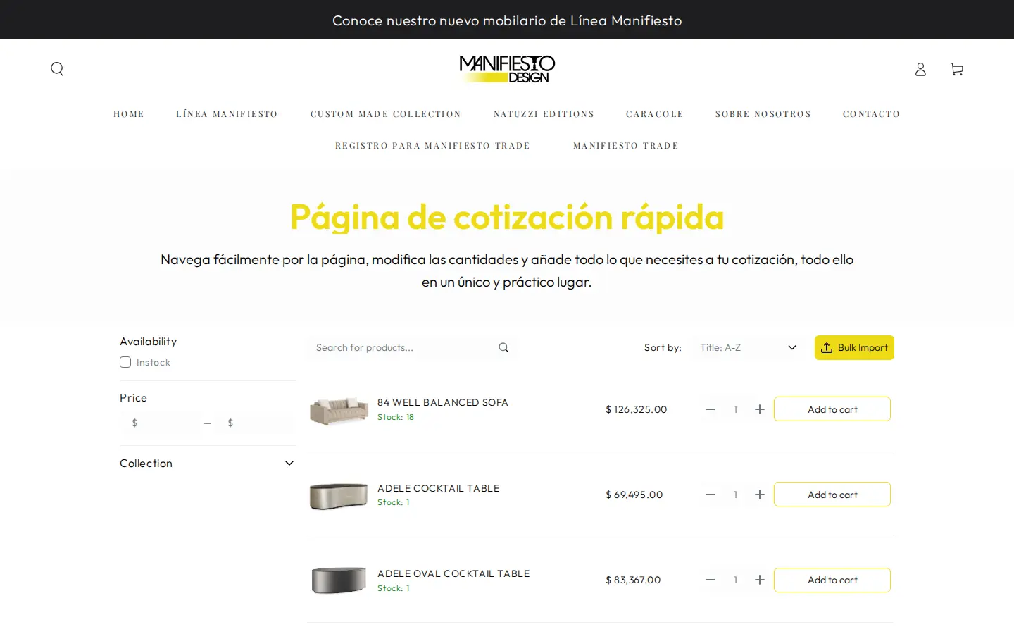 Manifiesto quick quote page with product search, availability and price filters, a Bulk Import button and a list of products with quantity steppers