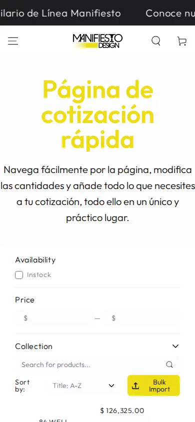 Manifiesto quick quote page on a phone showing filters, search, sort and a Bulk Import button