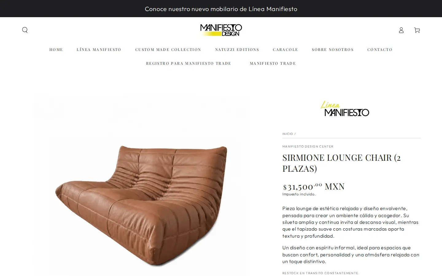 Manifiesto Design Center product page for a leather lounge chair with a retail price in Mexican pesos, tax included