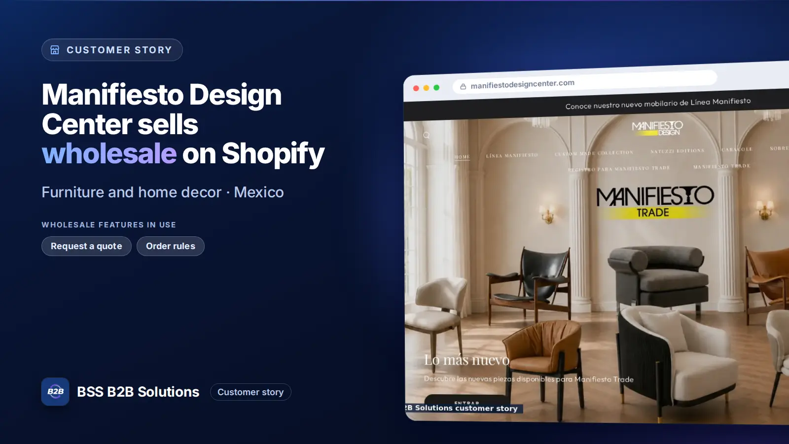 Browser window showing the merchant storefront, Manifiesto Design Center sells wholesale on Shopify. Cover for: Manifiesto Design Center: A Mexican Furniture Retailer Runs Trade on Shopify