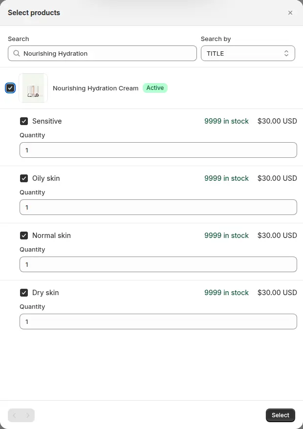 Select products dialog in the Manual Orders builder with a product searched by title and its variants ticked with a quantity field for each