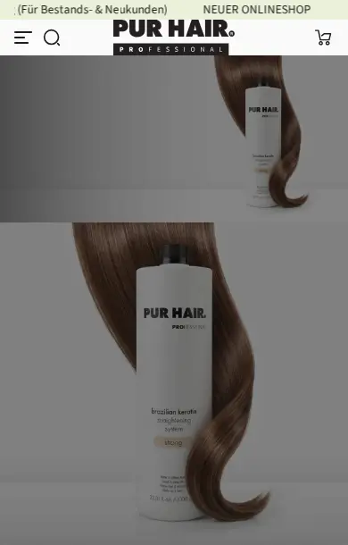 PUR HAIR PRO homepage on a phone with the product hero and menu