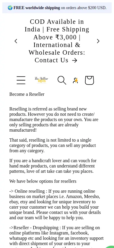 The Yellow Bells Become a Reseller page on a phone