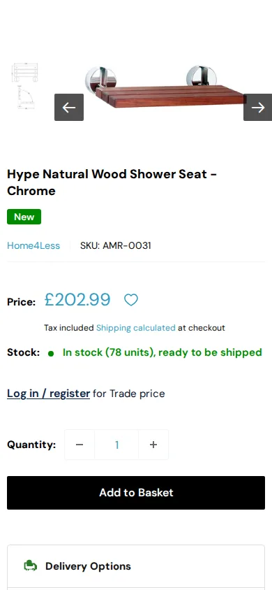 Bathroom4Less product page on a phone with the Log in or register for Trade price prompt