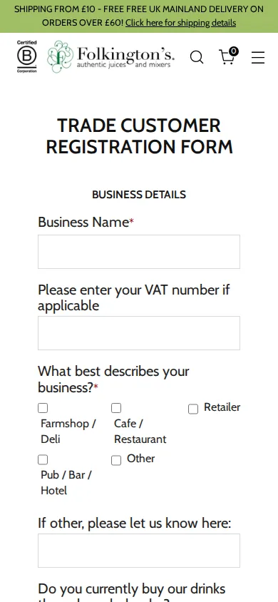 Folkington's trade registration form on a phone