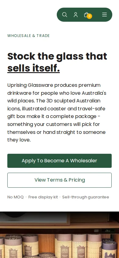 Uprising Glassware wholesale page on a phone