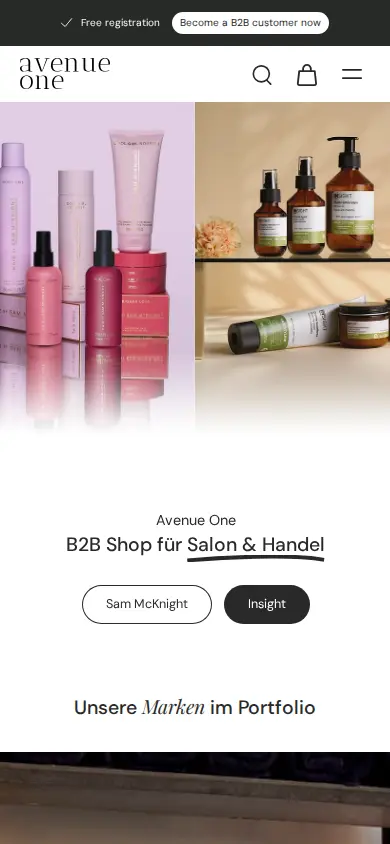 Avenue One Shop homepage on a phone with a free registration banner and the B2B shop for salon and trade headline
