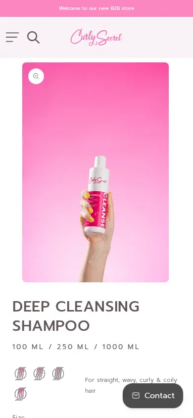 Curly Secret Pro product page on a phone with a B2B store banner