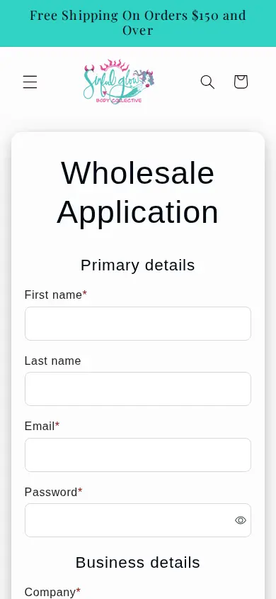 Sinful Glow Body Collective wholesale application form on a phone