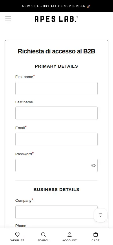 Apes Lab B2B access request form on a phone