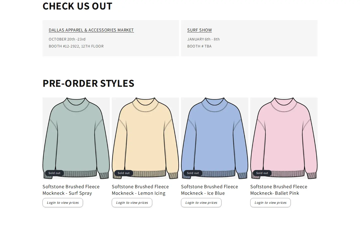 Mockneck & Co pre-order styles row with four fleece mockneck cards, each with a Login to view prices button